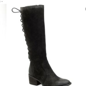 Born Azurite Black Suede Tall Knee High Boots Women 7.5 Back Lace Up Low Heel